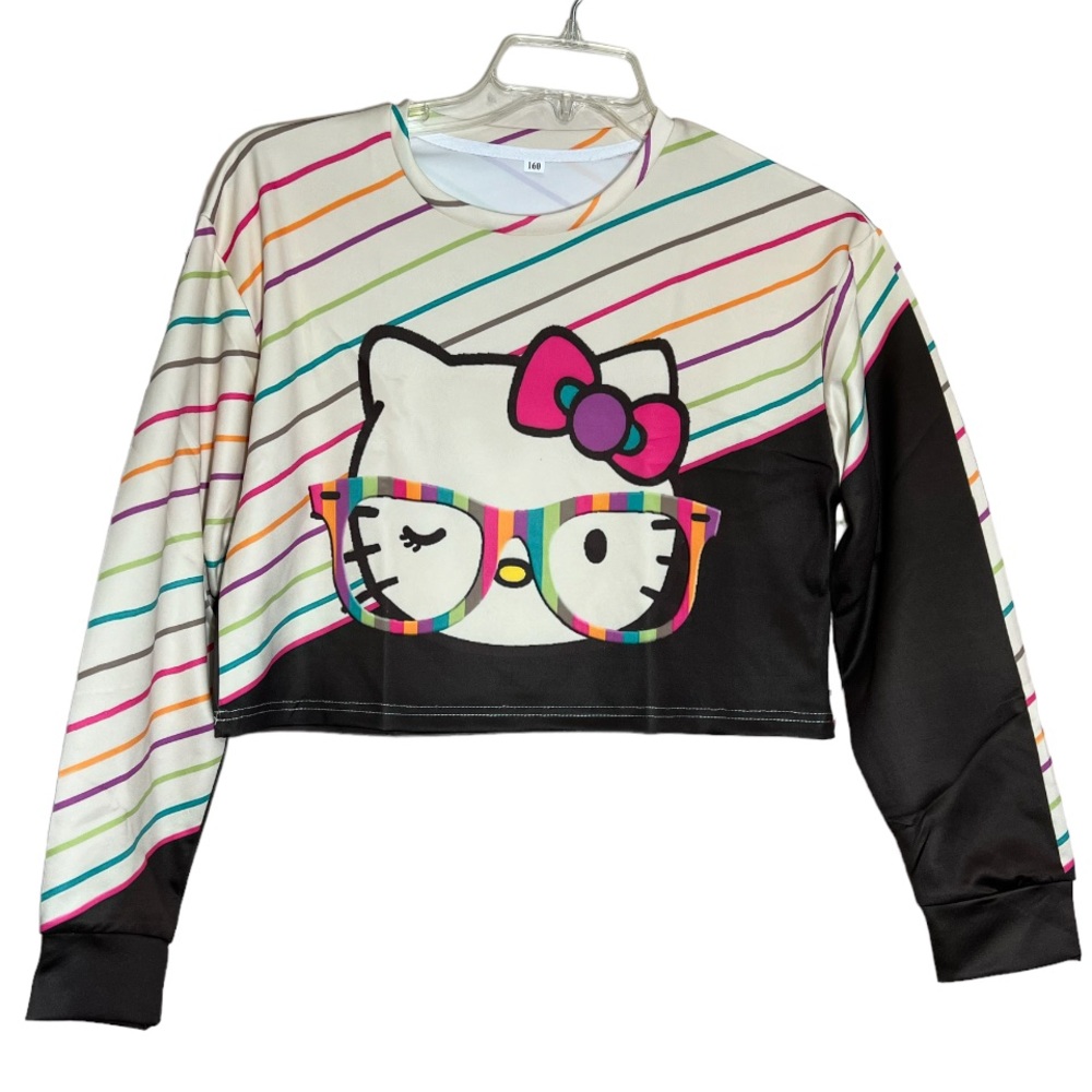 ❌SOLD❌Hello Kitty wearing glasses black ivory stripe long sleeve crop top medium - Picture 1 of 7